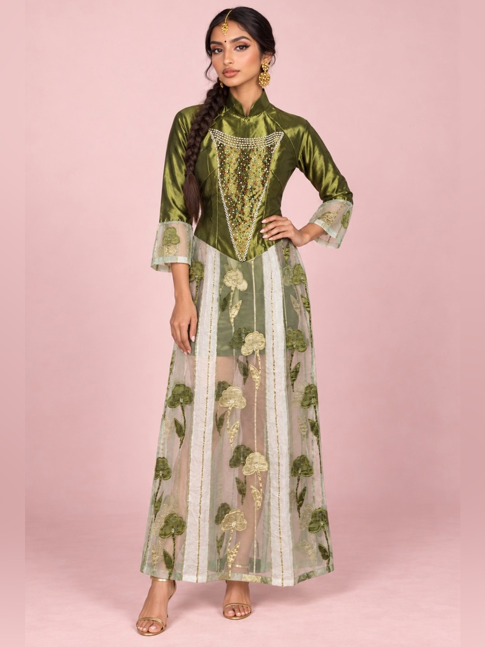 Olive Green Embroidered Maxi Dress